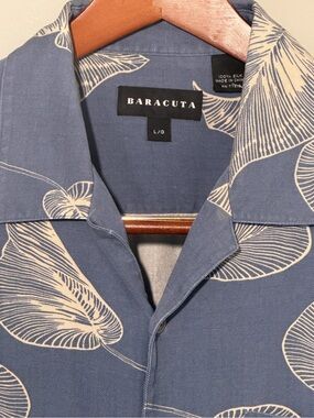 British Designer Baracuta Island Style Men’s Blue Printed Silk Shirt 100% Silk